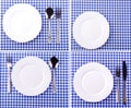 Set of empy plate on the tablecloth in a cage