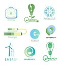 Set energy logos and emblems. Design elements and symbols of power plant, electricity, wind turbine, atom, ecology conservation.