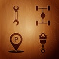 Set Engine piston, Wrench, Location with parking and Chassis car on wooden background. Vector