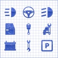 Set Engine piston, Wrench, Parking, Car service, battery, door, High beam and icon. Vector Royalty Free Stock Photo
