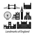 set of England famous landmarks by silhouette style