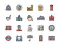 Set of English Culture Flat Color Line Icons. Postbox, Police Helmet and more.