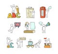 set of english icons with working little people