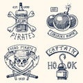 Set of engraved, hand drawn, old, labels or badges for corsairs, bottle of rum and bone, bomb, skull with sabers, hook