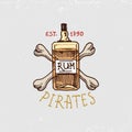 Set of engraved, hand drawn, old, labels or badges for corsairs, bottle of rum and bone. Pirates marine and nautical or Royalty Free Stock Photo