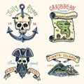 Set of engraved, hand drawn, old, labels or badges for corsairs, skull at anchor, map to treasure, black beard