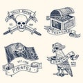 Set of engraved, hand drawn, old, labels or badges for corsairs, skull at anchor, treasures, flag , Caribbean parrot