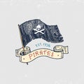 Set of engraved, hand drawn, old, labels or badges for corsairs, skull at flag. Jolly roger. Pirates marine and nautical