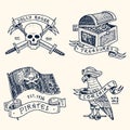 Set of engraved, hand drawn, old, labels or badges for corsairs, skull with swords, chest with gold, flag, parrot. Jolly