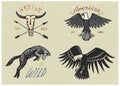 Set of engraved vintage, hand drawn, old, labels or badges for camping, hiking, hunting with bald eagle, wild wolf and