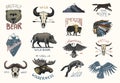 Set of engraved vintage, hand drawn, old, labels or badges for camping, hiking, hunting with boar, bear and wolf, red Royalty Free Stock Photo