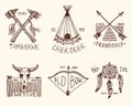 Set of engraved vintage, hand drawn, old, labels or badges for indian or native american. buffalo, axes and tent, arrows Royalty Free Stock Photo