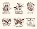 Set of engraved vintage, hand drawn, old, labels or badges for indian or native american. buffalo, face with feathers Royalty Free Stock Photo