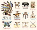 Set of engraved vintage, hand drawn, old, labels or badges for indian or native american. buffalo, face with feathers Royalty Free Stock Photo