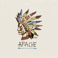 Set of engraved vintage, hand drawn, old, labels or badges for indian or native american. face with feathers, comanche. Royalty Free Stock Photo