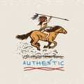 Set of engraved vintage, hand drawn, old, labels or badges for indian or native american. horse rider, authentic. Royalty Free Stock Photo