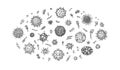 Set of engraved viruses and bacteria isolated on white background. Different types of microscopic microorganisms. Vector