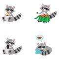 Set. Raccoons . Cheerful enotes. Dances, phone, ice cream, sweet dreams. Royalty Free Stock Photo