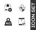 Set Envelope and check mark, ackage box with, Weight and Unboxing icon. Vector