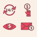 Set Envelope with coin dollar, Clock 24 hours, Hand holding coin and Eye with dollar icon. Vector Royalty Free Stock Photo
