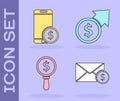 Set Envelope with coin dollar, Smartphone with dollar, Magnifying glass and dollar and Financial growth and coin icon
