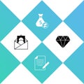 Set Envelope with dollar symbol, Document and pen, Money bag and Diamond icon. Vector Royalty Free Stock Photo