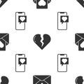 Set Envelope with heart, Broken heart or divorce and Smartphone with heart speech bubble on seamless pattern. Vector Royalty Free Stock Photo