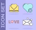 Set Envelope with heart, Laptop with heart, Love text and Heart icon. Vector