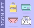 Set Envelope with an interest discount, Shoping bag with Sale, Underwear and Credit card icon. Vector Royalty Free Stock Photo