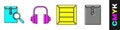 Set Envelope with magnifying glass, Headphones, Wooden box and Envelope icon. Vector Royalty Free Stock Photo