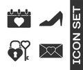 Set Envelope with 8 March, Calendar with 8 March, Castle and key in heart shape and Woman shoe icon. Vector