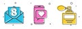 Set Envelope with 8 March, Online dating app and chat and Perfume icon. Vector