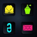 Set Envelope with 8 March, Online dating app and chat, Please do not disturb with heart and Perfume. Black square button