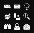 Set Envelope with 8 March, Round makeup mirror, Calendar, Handbag, Diamond and engagement ring icon. Vector Royalty Free Stock Photo