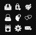 Set Envelope with 8 March, Shopping bag heart, Diamond, Gift box and, Flower, Handbag and human head icon. Vector