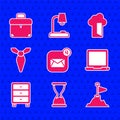 Set Envelope, Old hourglass, Mountains with flag on top, Laptop, Archive papers drawer, Tie, Cloud database and