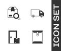 Set Envelope, Search package, Home delivery services and Delivery cargo truck icon. Vector