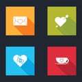 Set Envelope with Valentine heart, Amour and arrow, Healed broken and Coffee cup icon. Vector