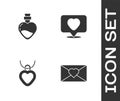 Set Envelope with Valentine heart, Bottle love potion, Necklace shaped and Like and icon. Vector