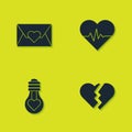 Set Envelope with Valentine heart, Broken, Heart shape light bulb and rate icon. Vector