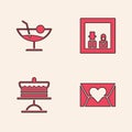 Set Envelope with Valentine heart, Cocktail, Family photo and Cake on plate icon. Vector