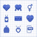 Set Envelope with Valentine heart, Necklace shaped, Mobile, Heart, Wedding cake, tag, Gender and Candy box icon. Vector