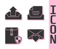 Set Envelope with Valentine heart, Upload inbox, Envelope with shield and Drawer with document icon. Vector