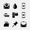 Set Envelope with Valentine heart, Water drop, Shopping basket on mobile, Kettle handle, Push and Mail e-mail icon Royalty Free Stock Photo