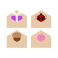 Set of envelopes with clip arts isolated on white background. Flat gift box, ladybug, cup cake, rose. Cute illustration