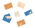 Set of envelopes with mails, postmarks and postcards vector illustration. Various craft paper letters, handmade cards