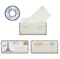 Set of envelopes from Paris with a painted the Eiffel Tower and postmark. Stylization. Royalty Free Stock Photo