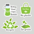 Set of environmental awareness stickers with slogan. Flat design eco concepts collection. Icons vector Royalty Free Stock Photo