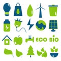 A set of environmental badges in green, blue