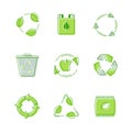 Set Environmental Labels, Recyclable Triangle Sign, Compostable Waste, Biodegradable Garbage Litter Bin. Icons